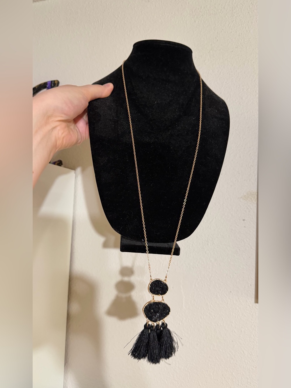 ✨ 2/$25 or 3/$30 SALE - 
Gold-Tone Necklace with Black Stones and Black Tassels